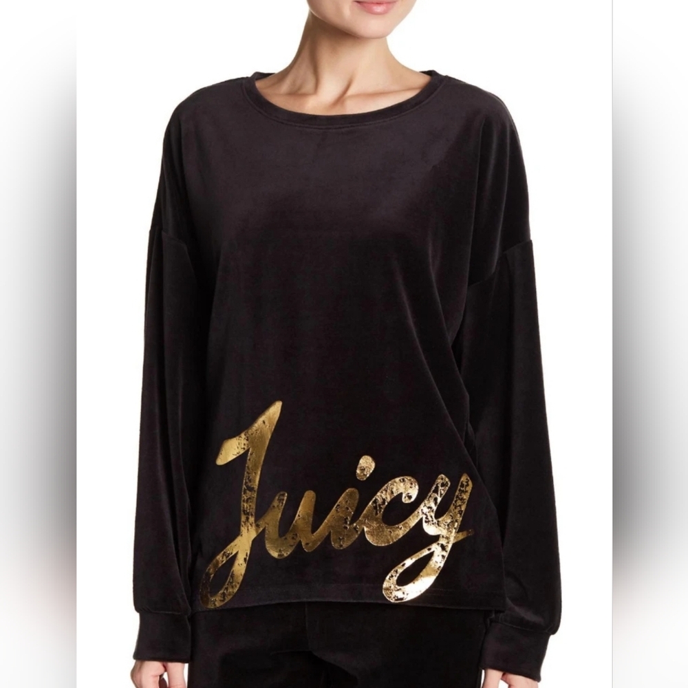 NWT Juicy Couture Black Cursive Velour Pullover Small Oversized Crewneck